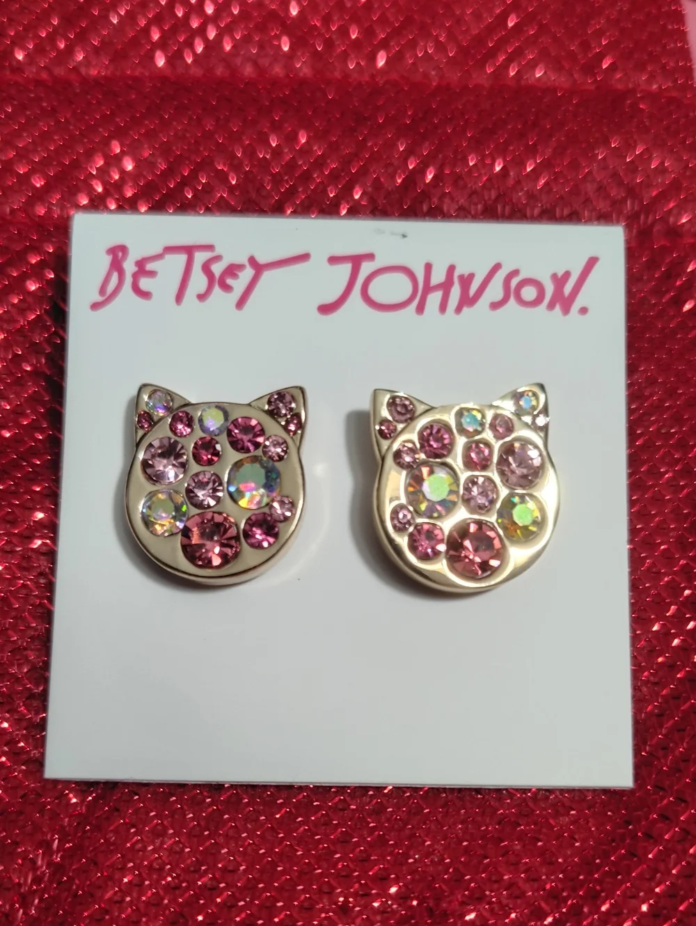 NWT Betsey Johnson Gold Cat Face Earrings with Pink and Iridescent Crystals